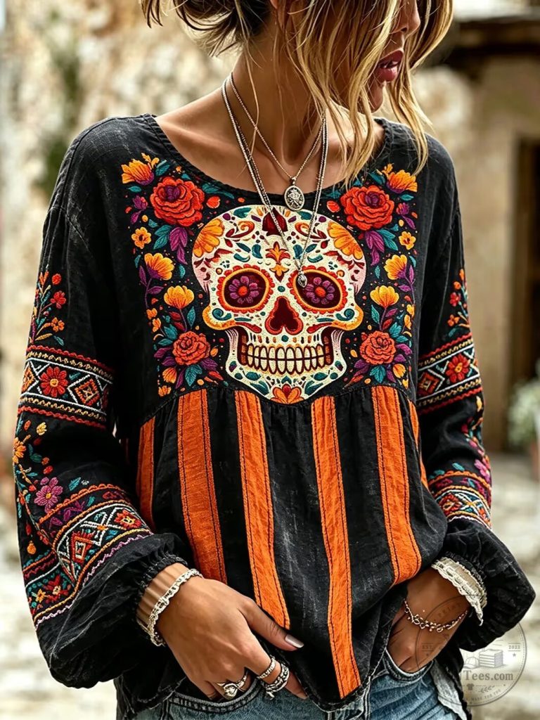 Day of the Dead Sugar Skull Embroidered Floral Long Sleeve Blouse