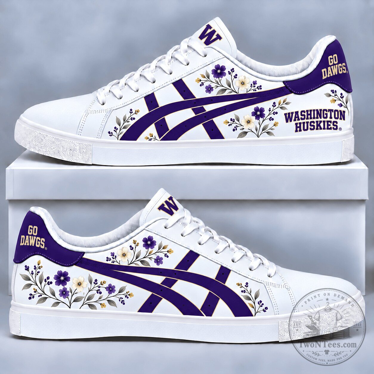 Washington Huskies College Football Floral Pattern White Sneakers