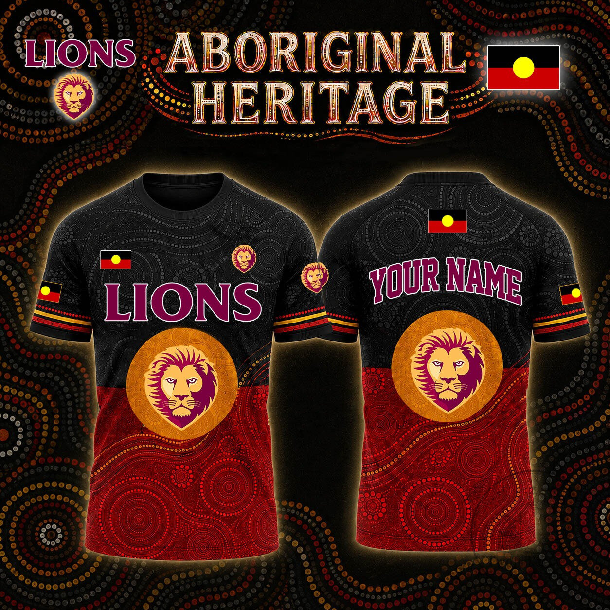 Aboriginal Heritage Lions Custom Name Black and Red T-Shirt