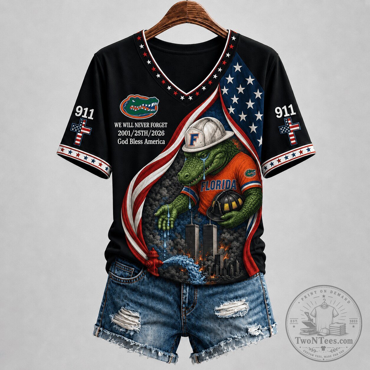 Never Forget 9/11 Florida Gators Firefighter Alligator V-Neck T-Shirt