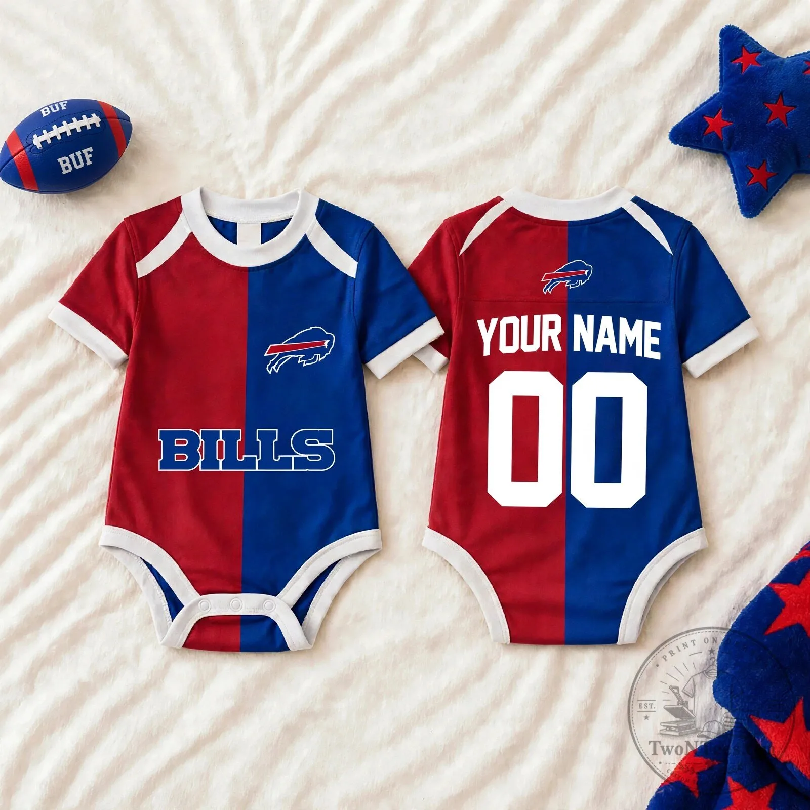 Buffalo Bills Split Color Personalized Baby Bodysuit Newborn Football Fan Gift