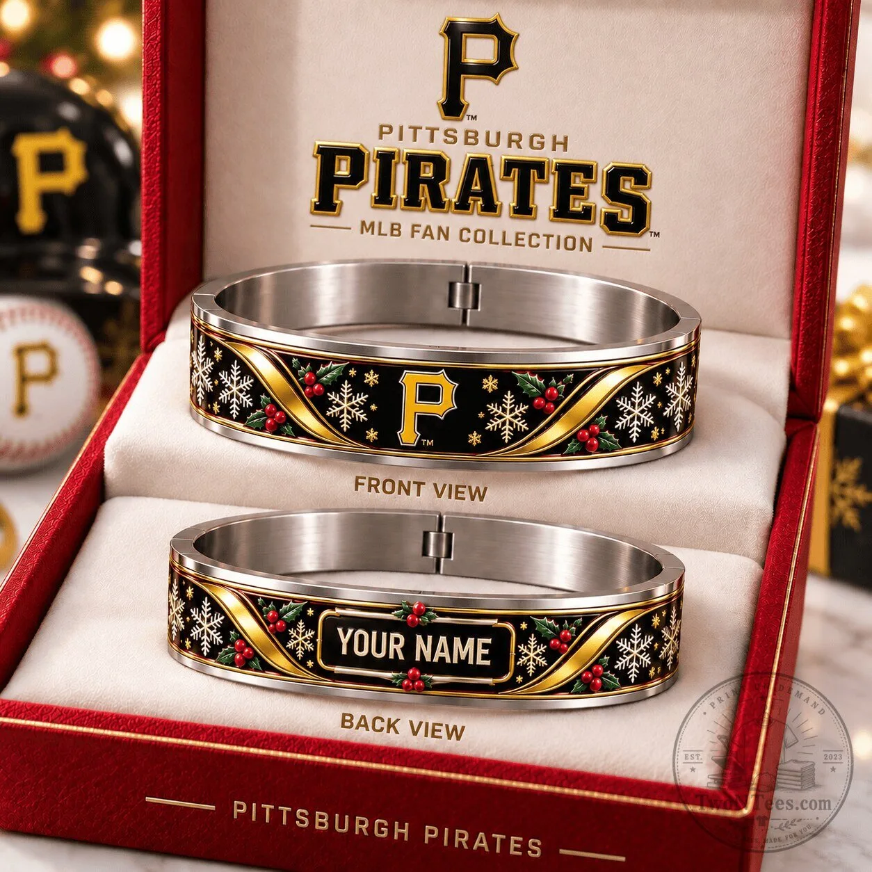 Pittsburgh Pirates Christmas Snowflakes Custom Name Stainless Steel Bracelet