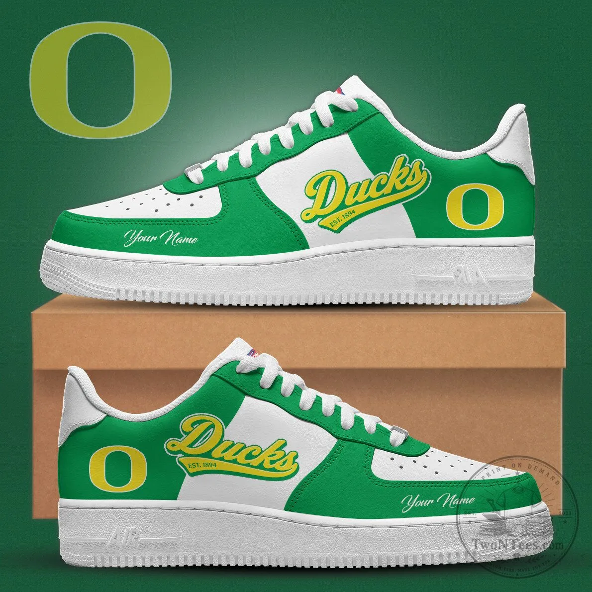 Custom Name Sneakers in Green and White for Oregon Ducks Fans