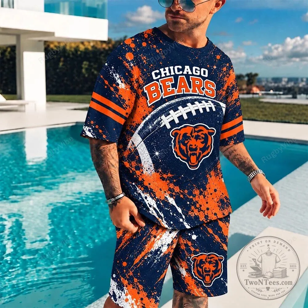 Chicago Bears Football Team Splatter Paint Design Men's T-Shirt and Shorts Set 1 Chicago Bears Football Team Splatter Paint Design Men