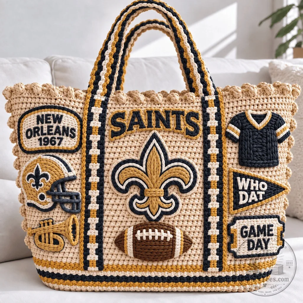 New Orleans Saints Football Team Crochet Tote Bag with Embellishments New Orleans Saints Football Team Crochet Tote Bag with Embellishments