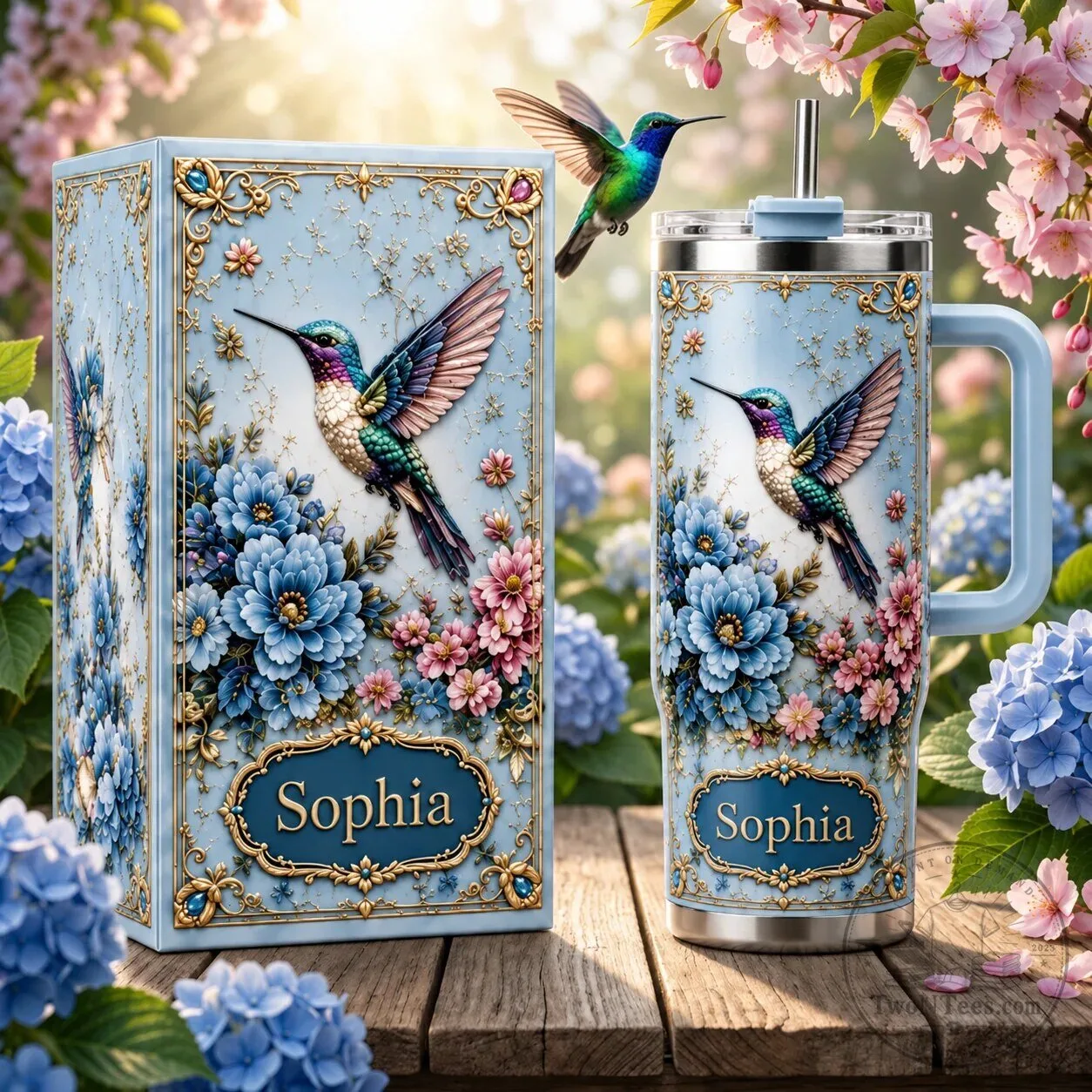 Personalized Hummingbird and Hydrangea Floral Design Insulated Stainless Steel Tumbler