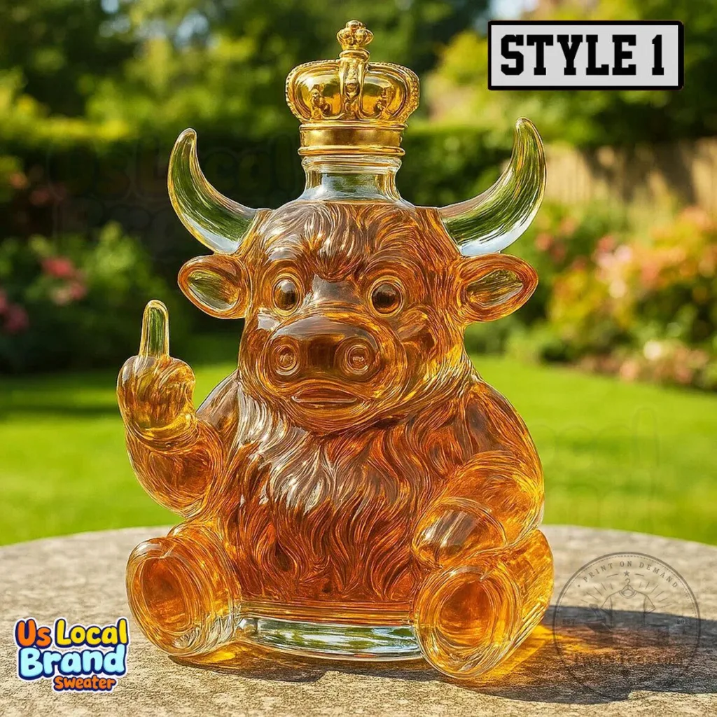 Highland Cow Middle Finger Whiskey Decanter Bottle with Crown Stopper 11 Highland Cow Middle Finger Whiskey Decanter Bottle with Crown Stopper