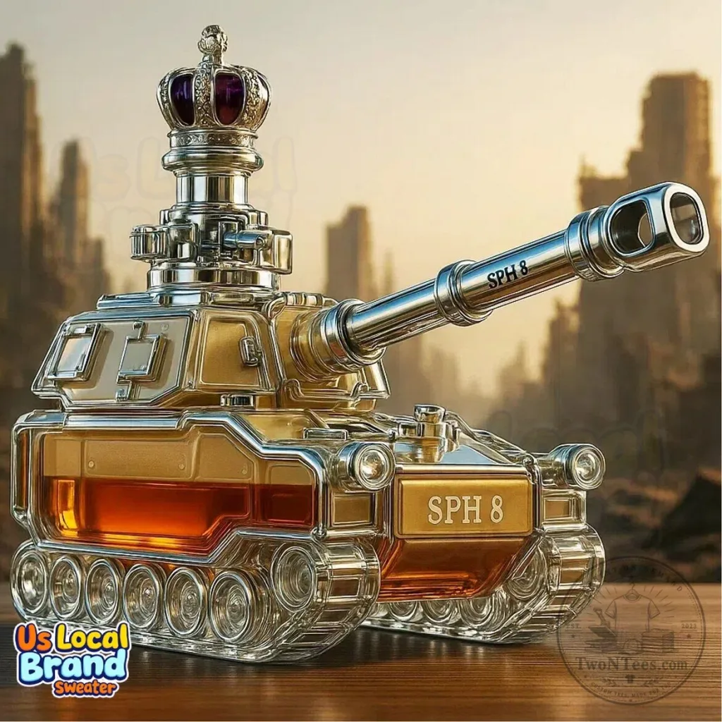 Self-Propelled Howitzer Tank Shaped Whiskey Decanter Bottle with Crown Stopper 7 Self-Propelled Howitzer Tank Shaped Whiskey Decanter Bottle with Crown Stopper