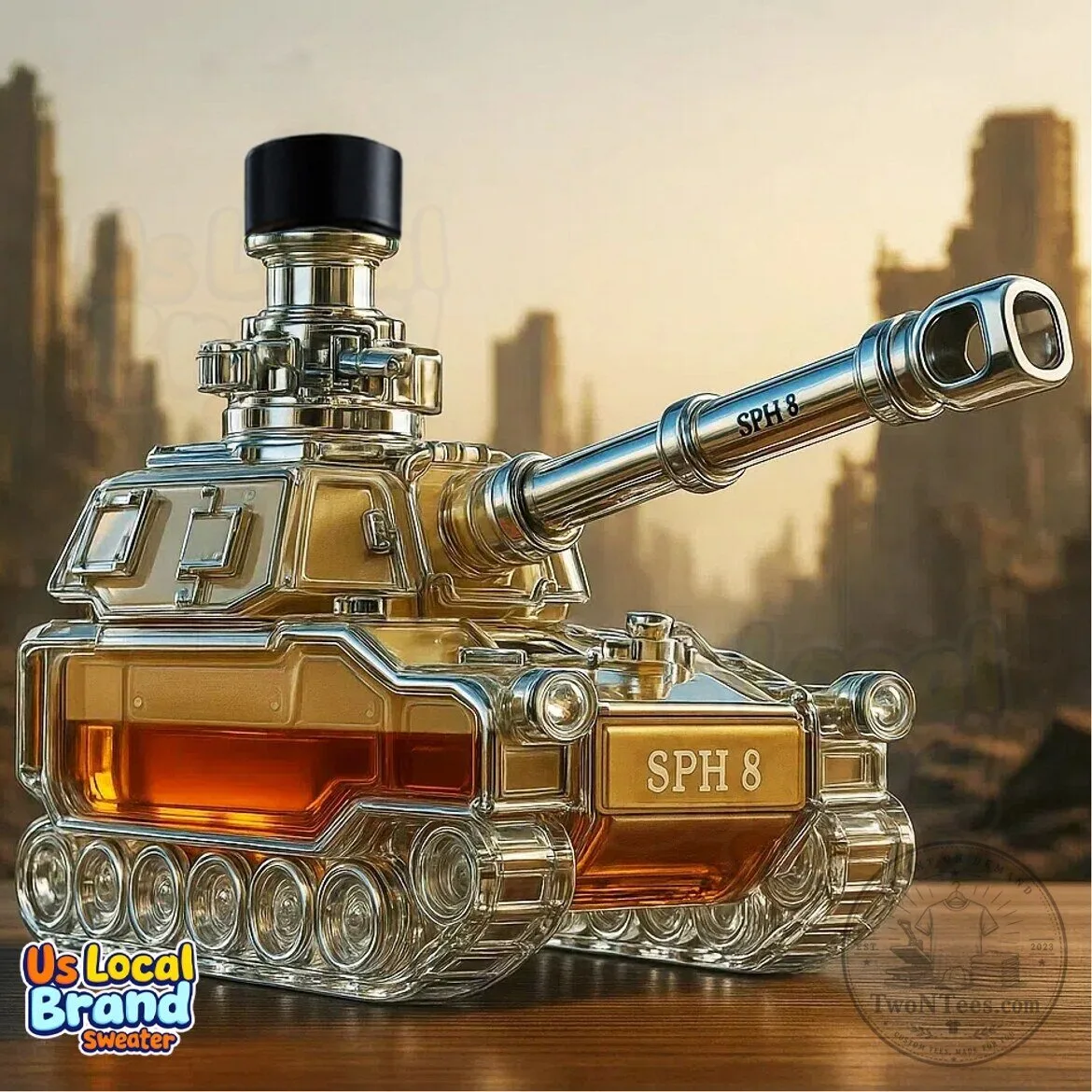Self-Propelled Howitzer Tank Shaped Whiskey Decanter Bottle with Crown Stopper 5 Self-Propelled Howitzer Tank Shaped Whiskey Decanter Bottle with Crown Stopper