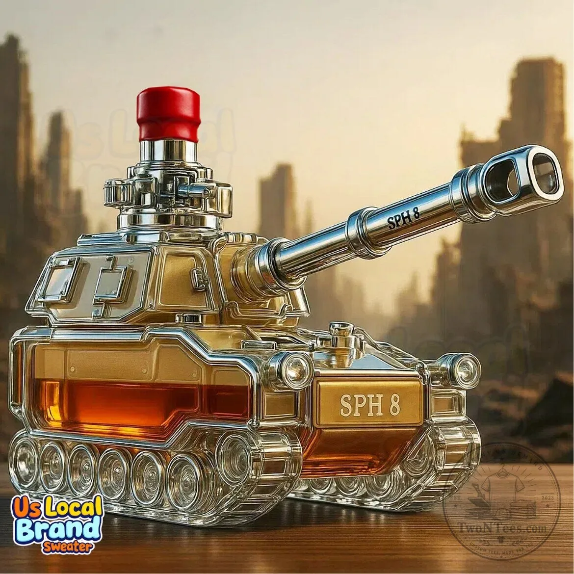 Self-Propelled Howitzer Tank Shaped Whiskey Decanter Bottle with Crown Stopper 6 Self-Propelled Howitzer Tank Shaped Whiskey Decanter Bottle with Crown Stopper