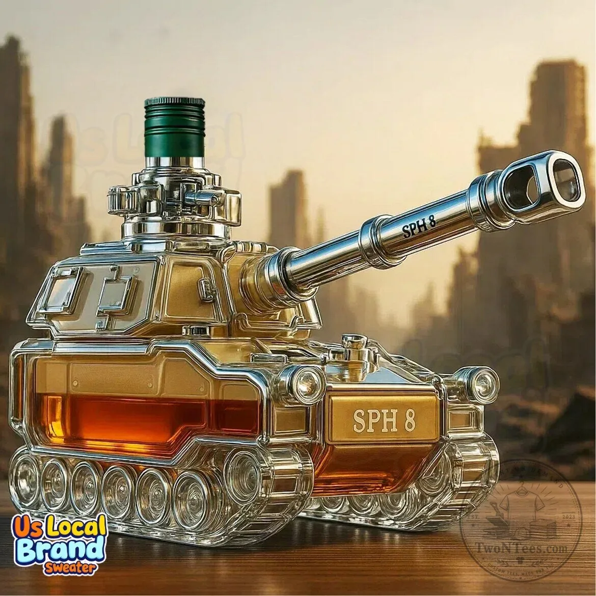 Self-Propelled Howitzer Tank Shaped Whiskey Decanter Bottle with Crown Stopper 7 Self-Propelled Howitzer Tank Shaped Whiskey Decanter Bottle with Crown Stopper