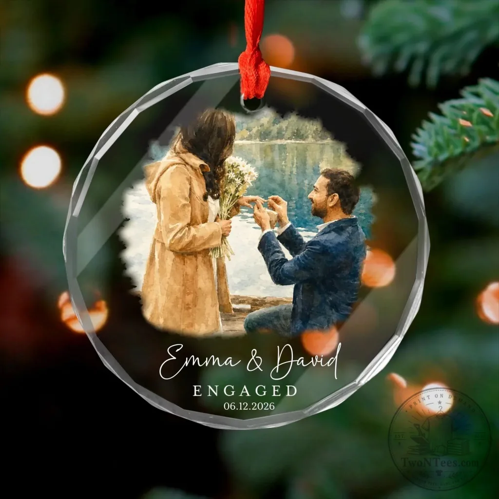 Personalized Engaged Couple Photo Round Glass Christmas Tree Ornament Personalized Engaged Couple Photo Round Glass Christmas Tree Ornament