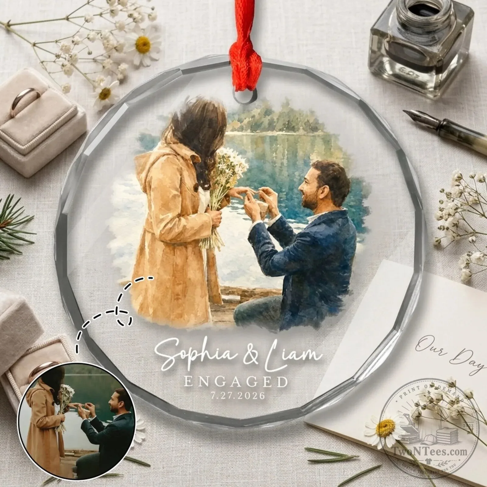 Personalized Engaged Couple Photo Round Glass Christmas Tree Ornament 7 Personalized Engaged Couple Photo Round Glass Christmas Tree Ornament