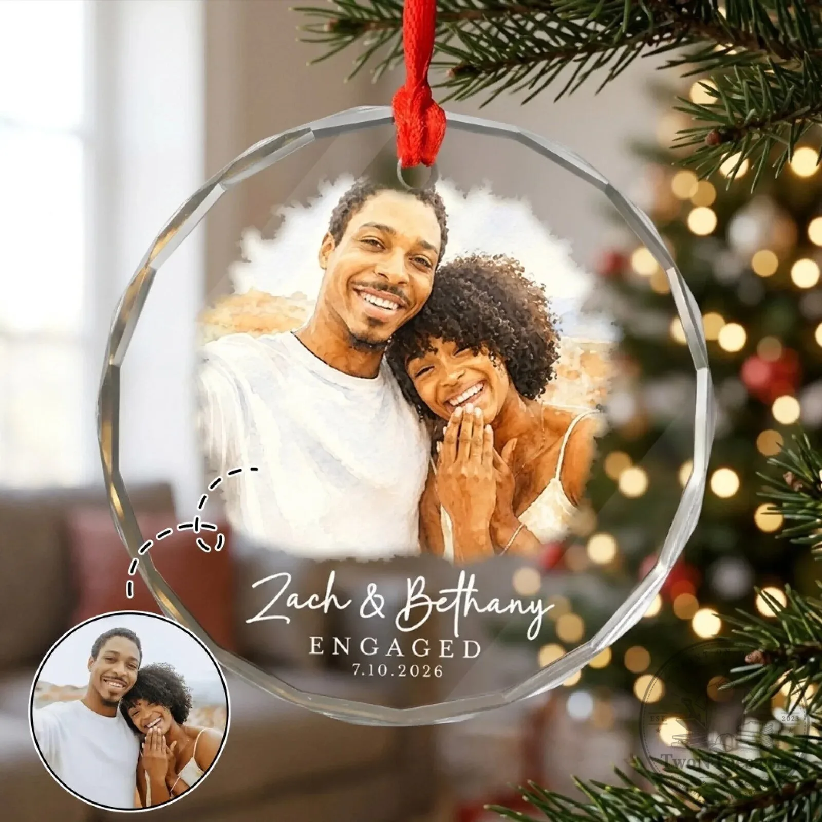 Personalized Engaged Couple Photo Round Glass Christmas Tree Ornament 8 Personalized Engaged Couple Photo Round Glass Christmas Tree Ornament