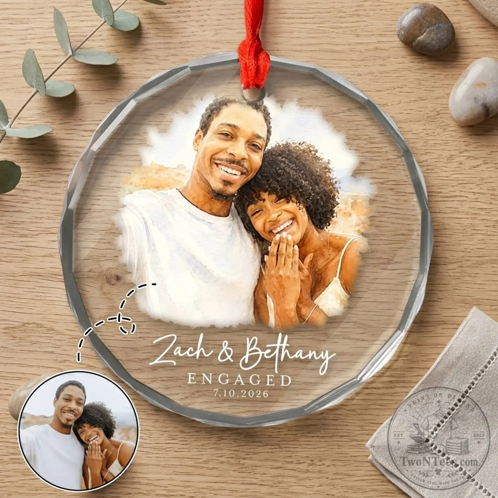 Personalized Engaged Couple Photo Round Glass Christmas Tree Ornament 9 Personalized Engaged Couple Photo Round Glass Christmas Tree Ornament