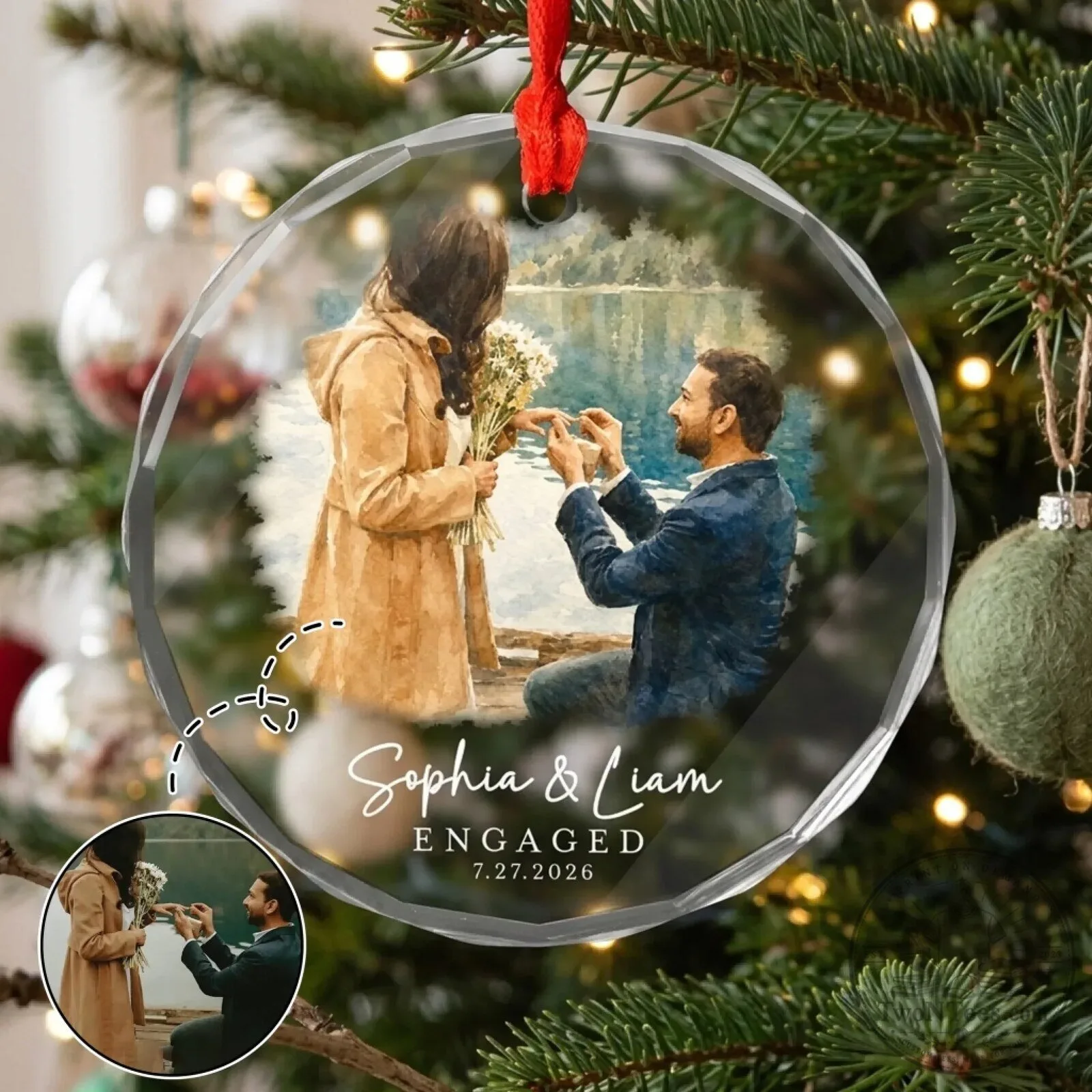 Personalized Engaged Couple Photo Round Glass Christmas Tree Ornament 10 Personalized Engaged Couple Photo Round Glass Christmas Tree Ornament