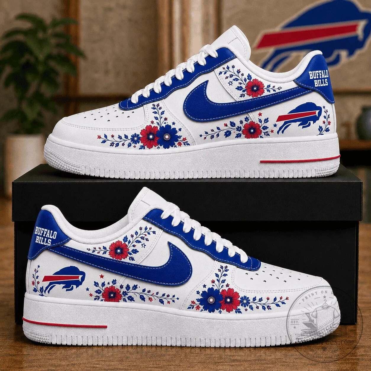 Buffalo Bills Floral Custom Designed White and Blue Athletic Sneakers 1 Buffalo Bills Floral Custom Designed White and Blue Athletic Sneakers