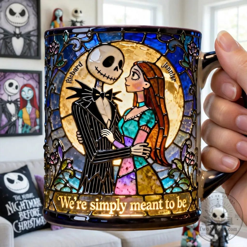 Nightmare Before Christmas Jack and Sally Stained Glass Coffee Mug Nightmare Before Christmas Jack and Sally Stained Glass Coffee Mug