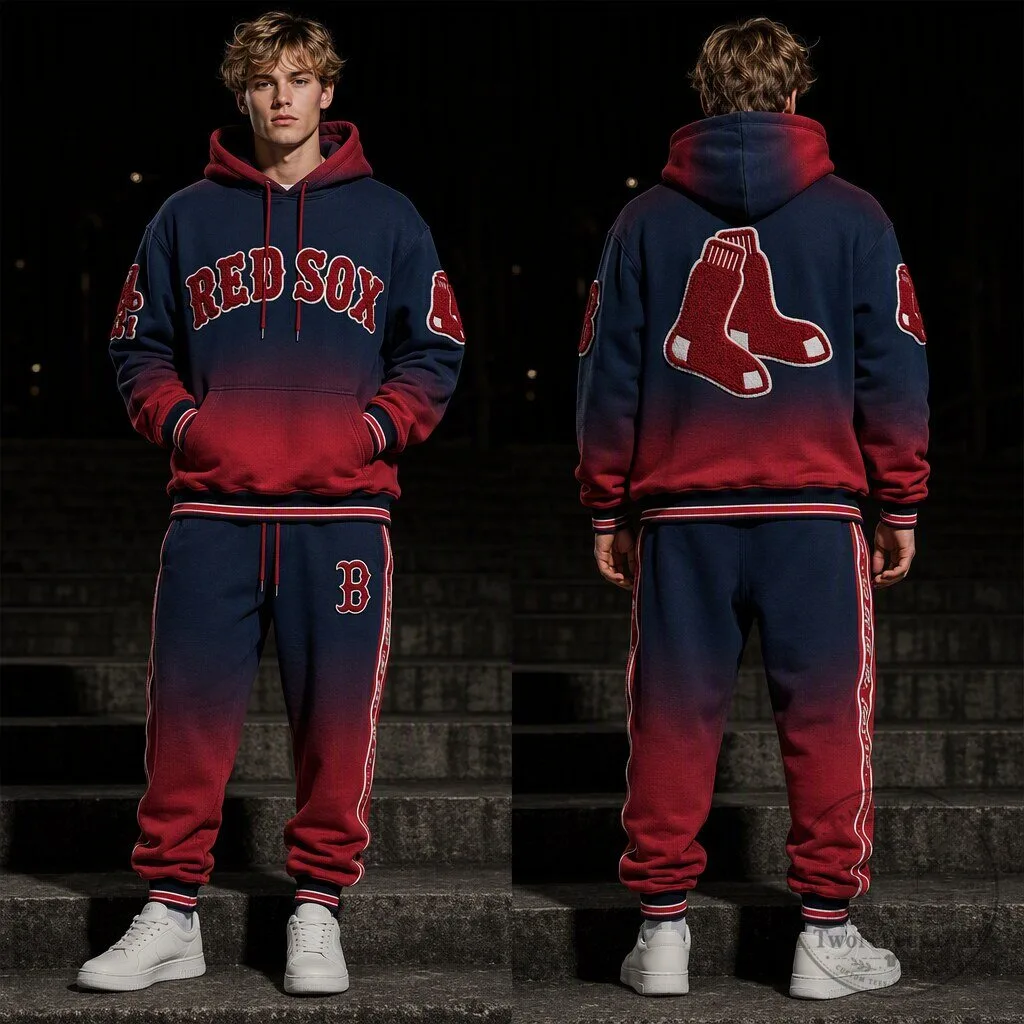 Boston Red Sox Gradient Navy Red Pullover Hoodie and Sweatpants Set
