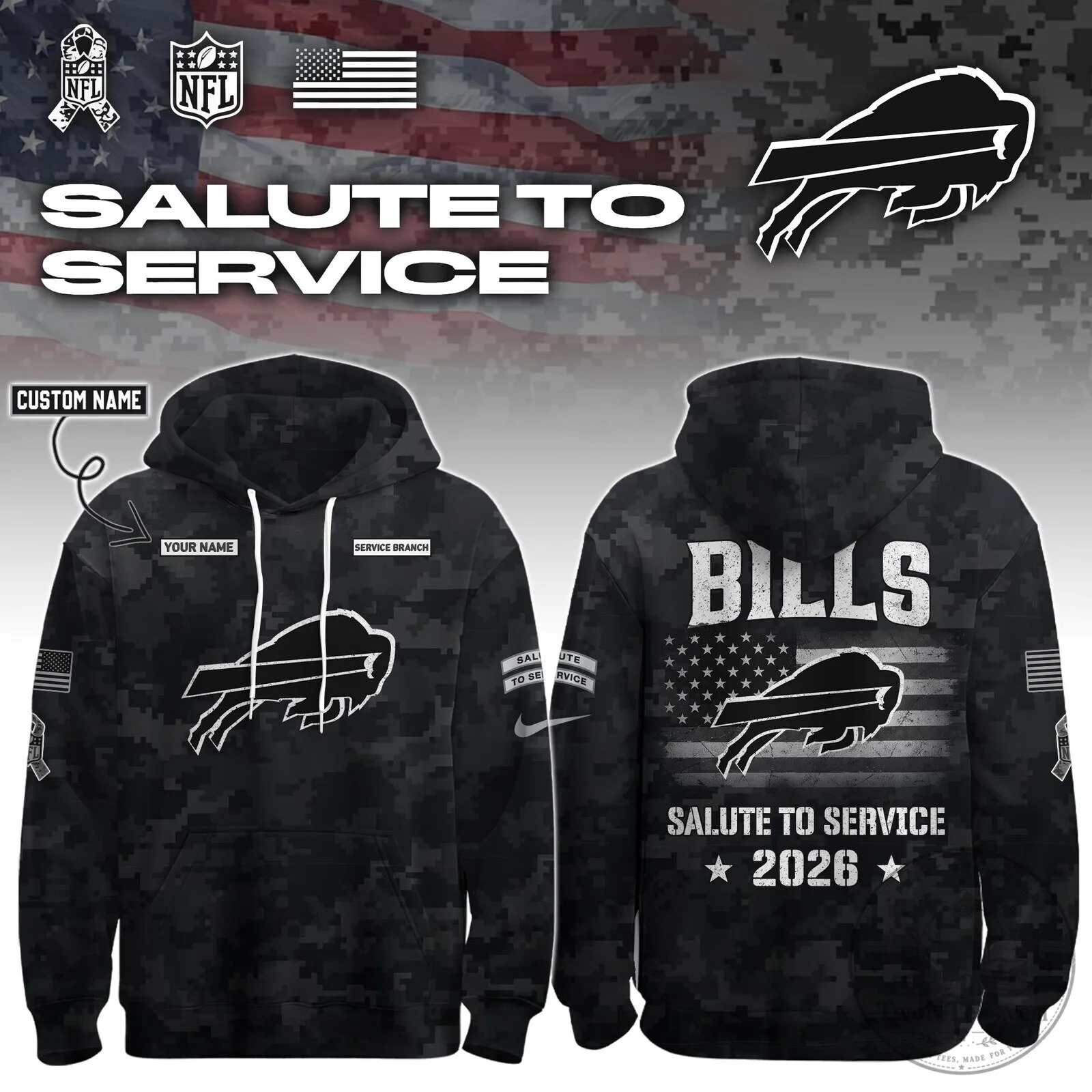 Buffalo Bills Salute To Service 2026 Custom Name Camouflage Hoodie