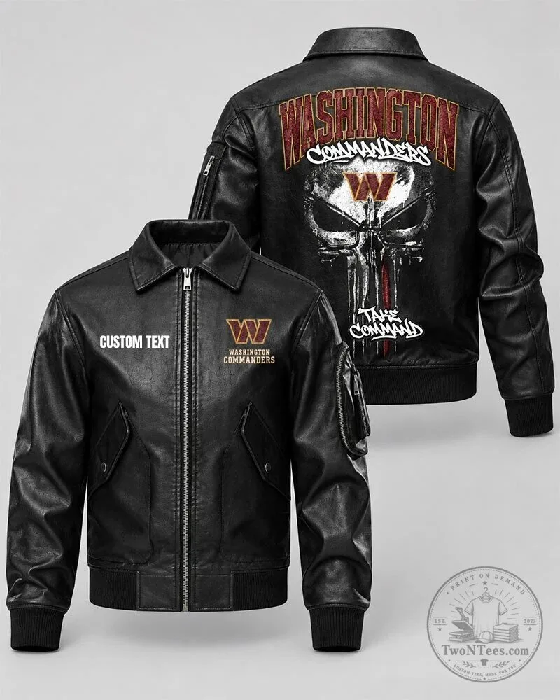 Washington Commanders Skull Design Black Leather Bomber Jacket