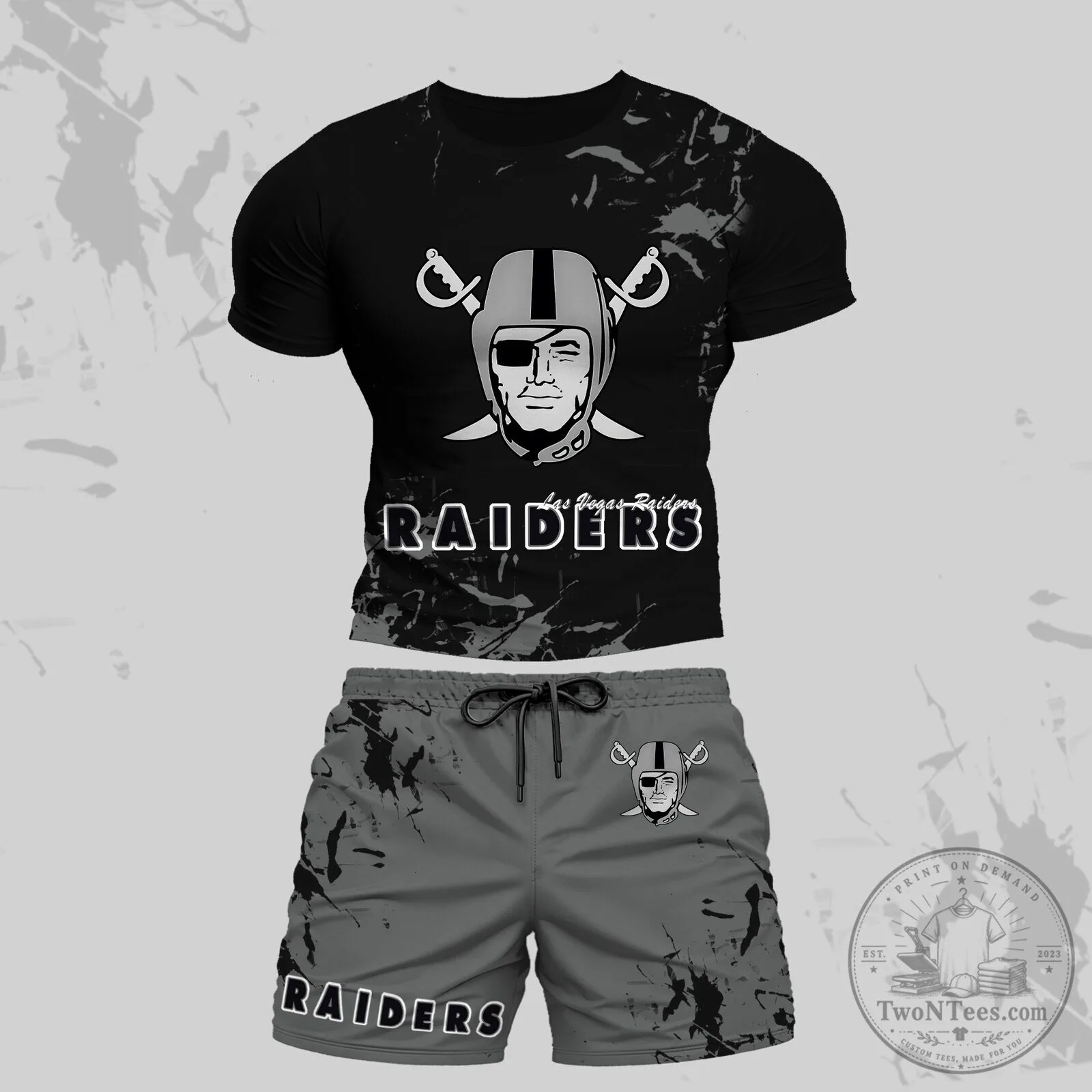 Las Vegas Raiders Football Team Black and Gray Splatter Art T-Shirt and Shorts Set