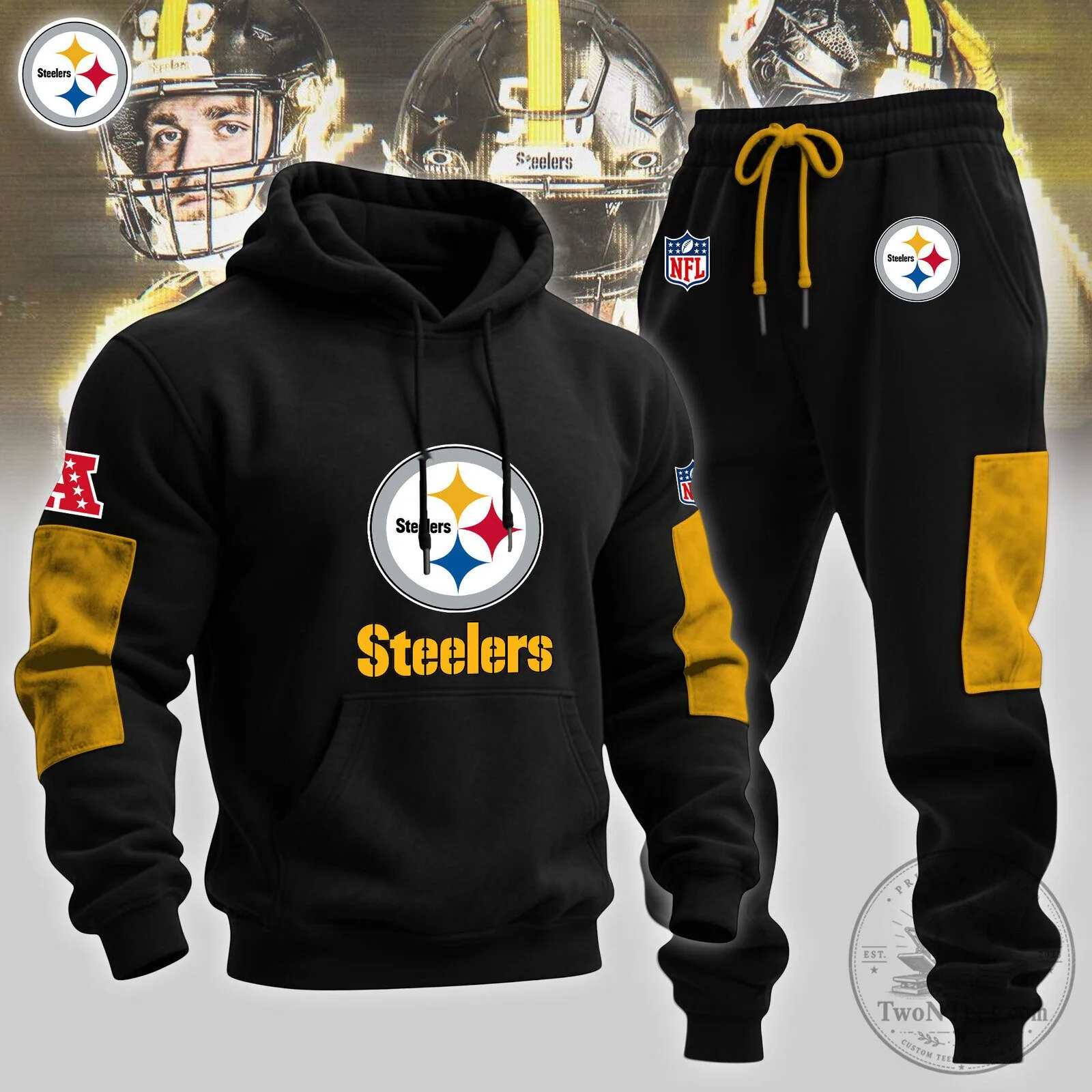Black Hoodie and Jogger Pants Set featuring Pittsburgh Steelers NFL Football Team Logo