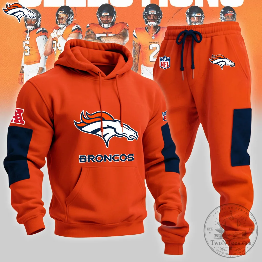 Denver Broncos American Football Team Orange and Navy Hoodie and Sweatpants Set Denver Broncos American Football Team Orange and Navy Hoodie and Sweatpants Set