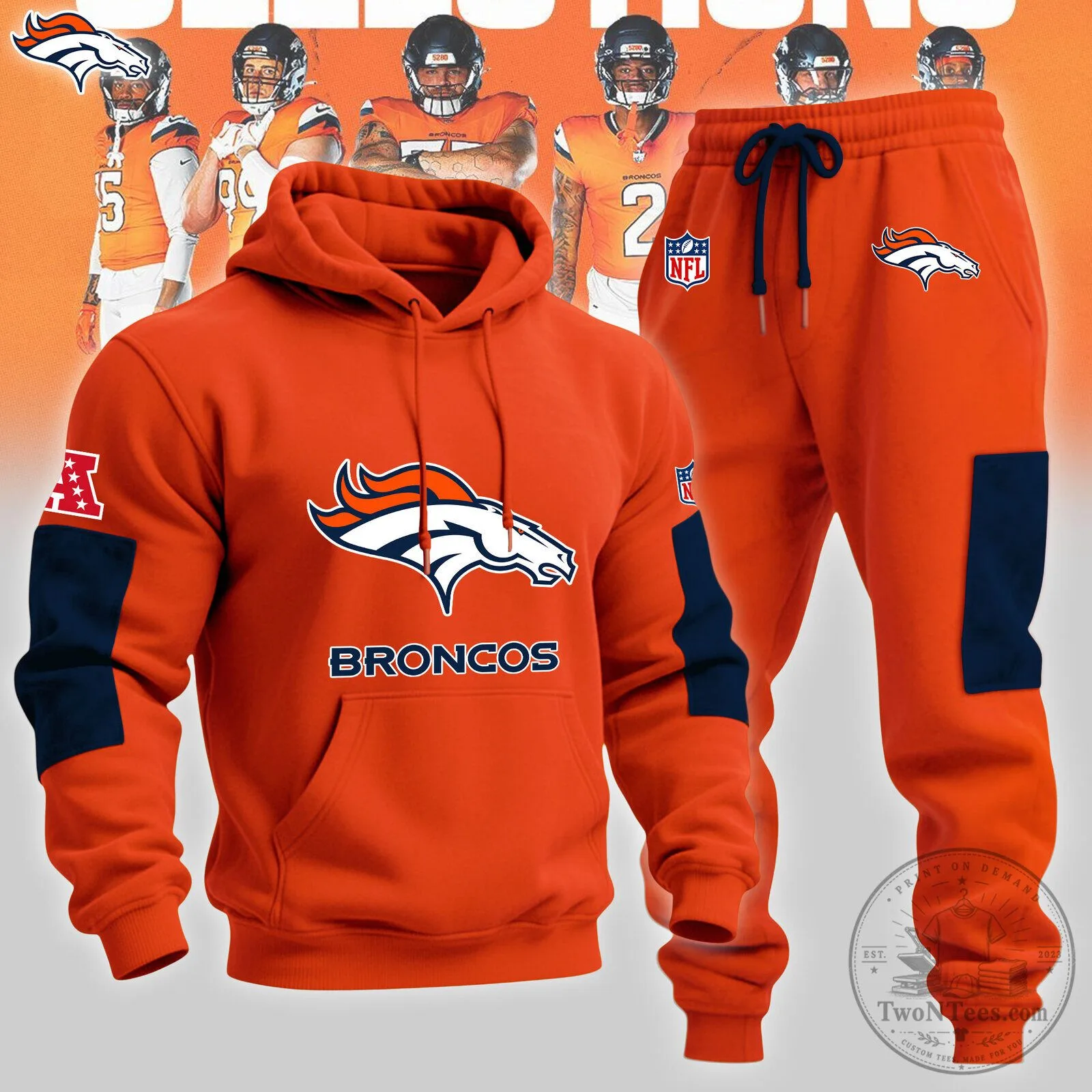 Denver Broncos American Football Team Orange and Navy Hoodie and Sweatpants Set