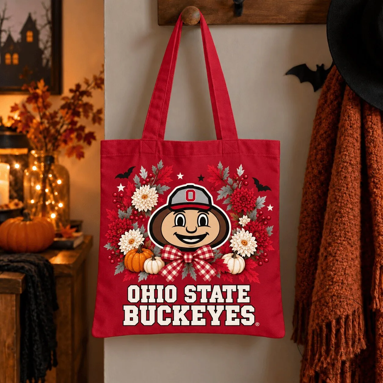 Ohio State Buckeyes Halloween Floral Wreath Brutus Buckeye Red Tote Bag