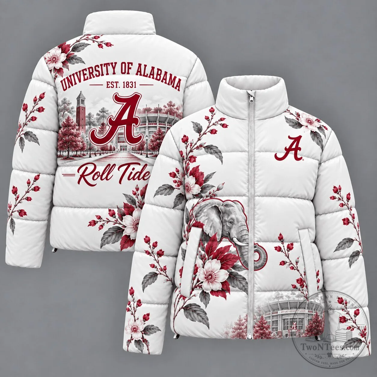 University of Alabama Crimson Tide Elephant Mascot Floral Puffer Jacket