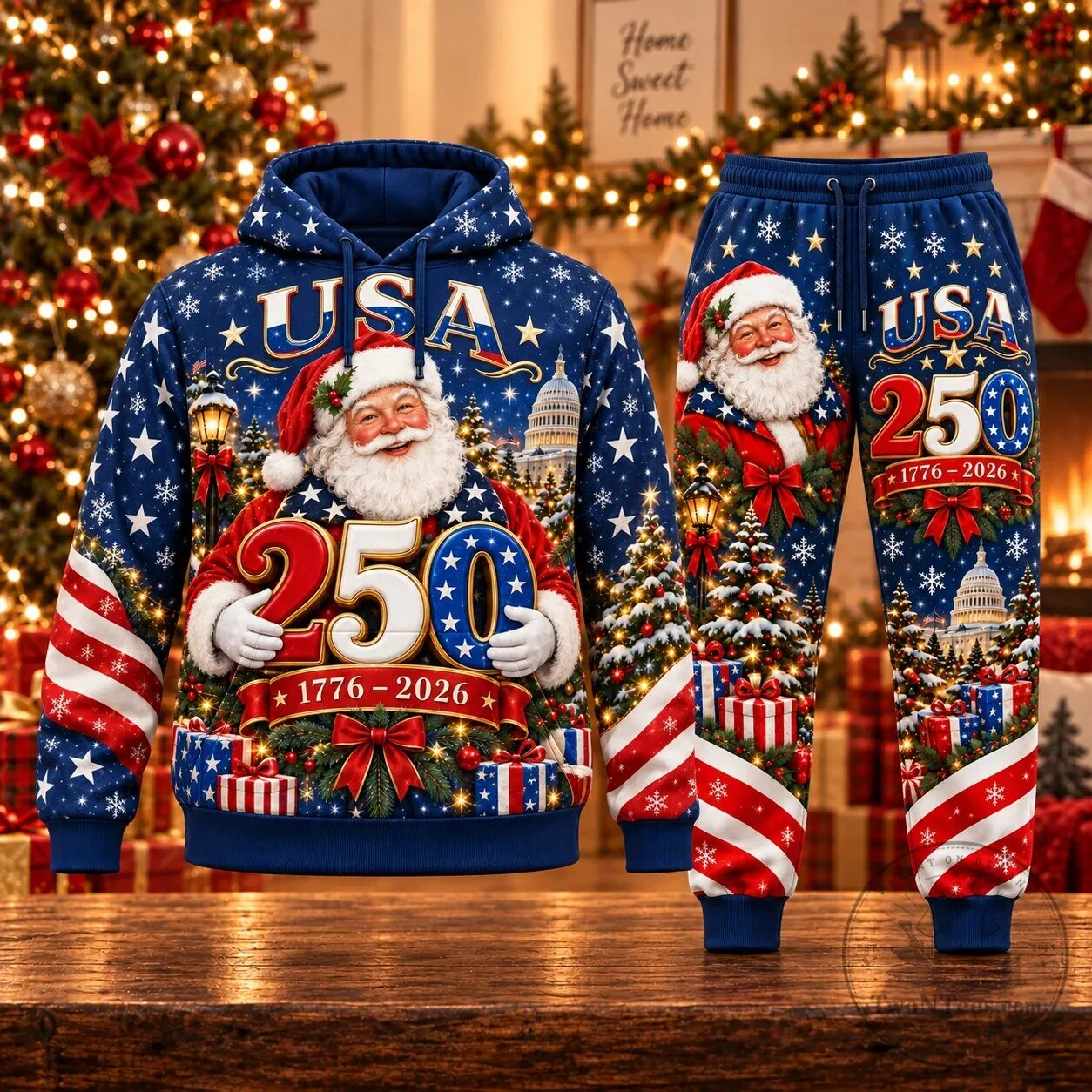 USA 250th Anniversary Christmas Santa Claus Stars and Stripes Hoodie