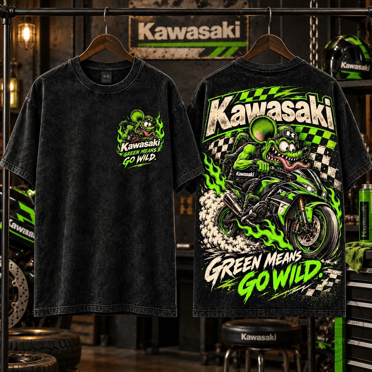 Kawasaki Green Means Go Wild Motorcycle Rat Rider Graphic T-Shirt