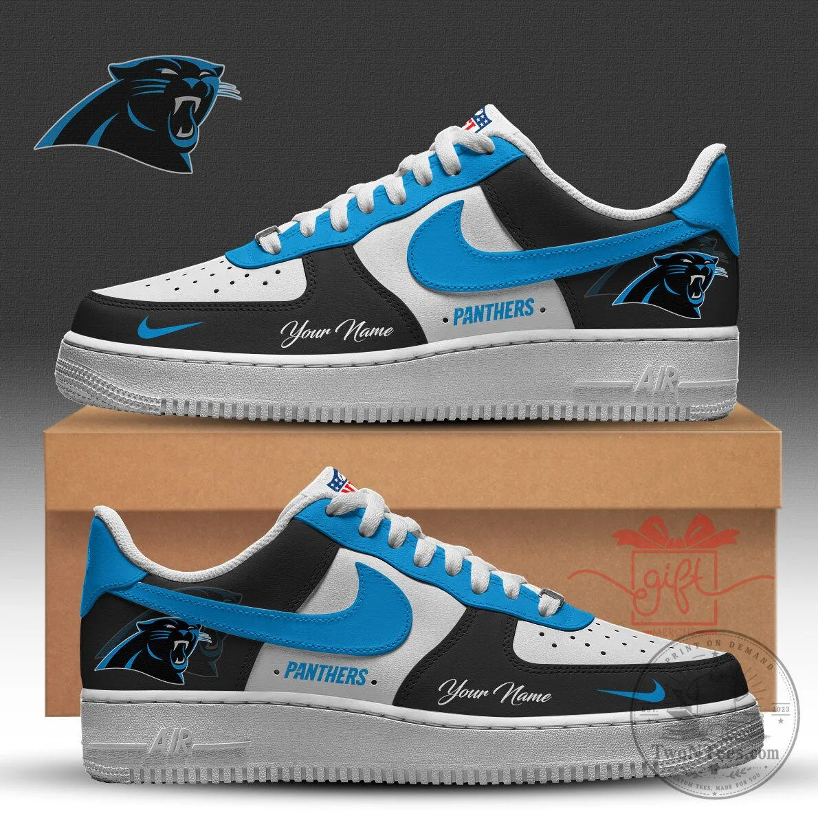 Carolina Panthers Custom Name White and Black Low Top Sneakers