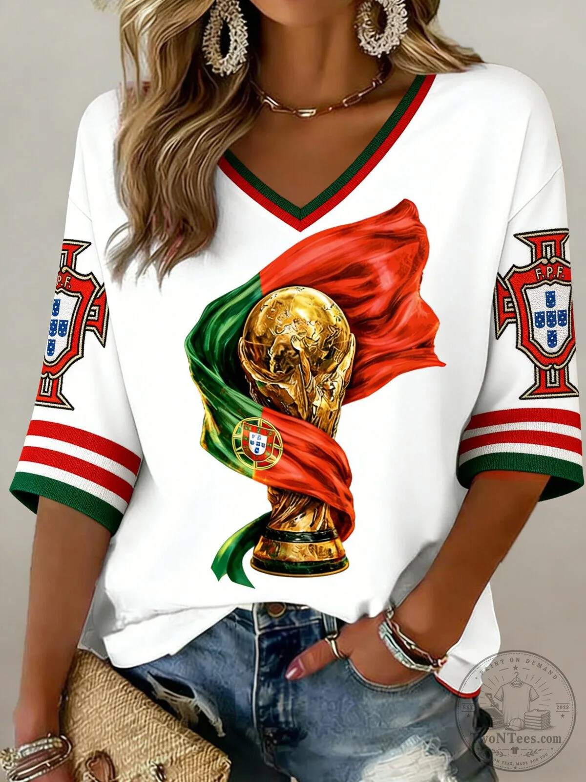 Portugal Football Match World Cup Trophy Women's V-Neck T-Shirt