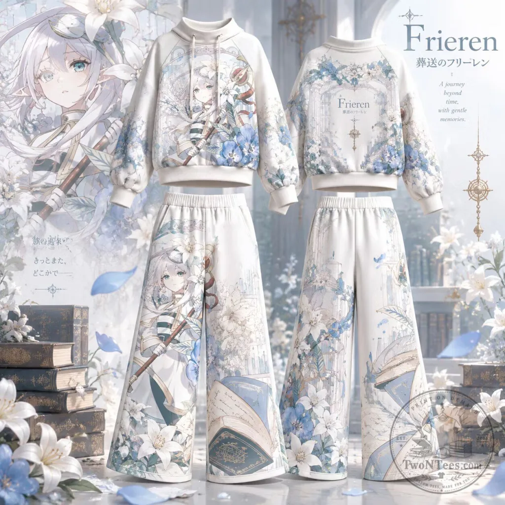 Frieren Beyond Journey's End Anime White Floral Print Hoodie and Pants Set Frieren Beyond Journey's End Anime White Floral Print Hoodie and Pants Set