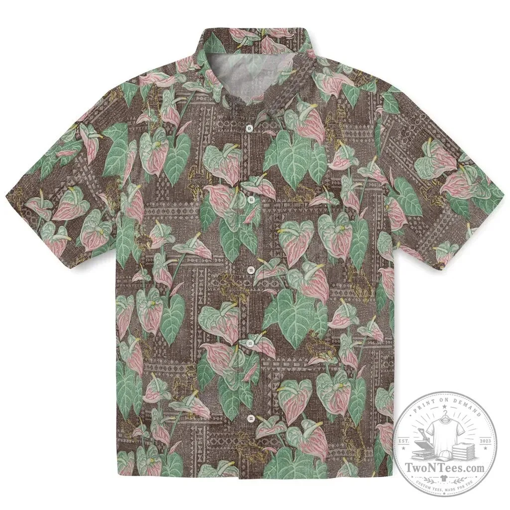 Hawaii Tropical Anthurium Leaves Pattern Brown Hawaiian Shirt