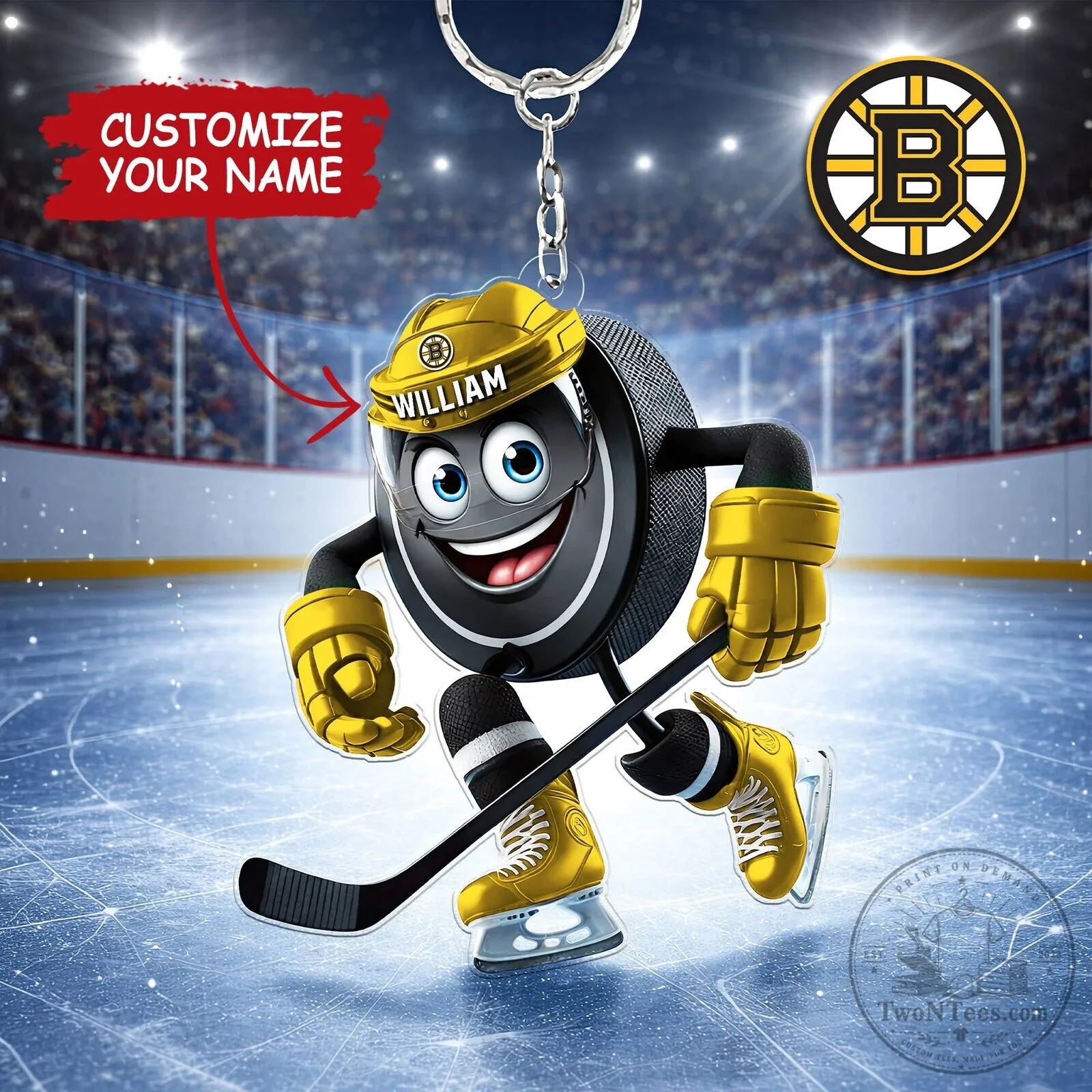 Boston Bruins Personalized Hockey Puck Character Keychain with Custom Name