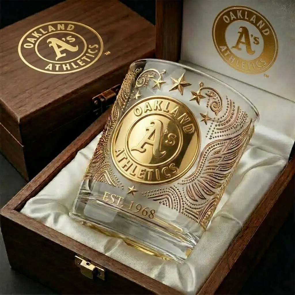 Oakland Athletics Baseball Team Gold Logo Engraved Drinking Glass