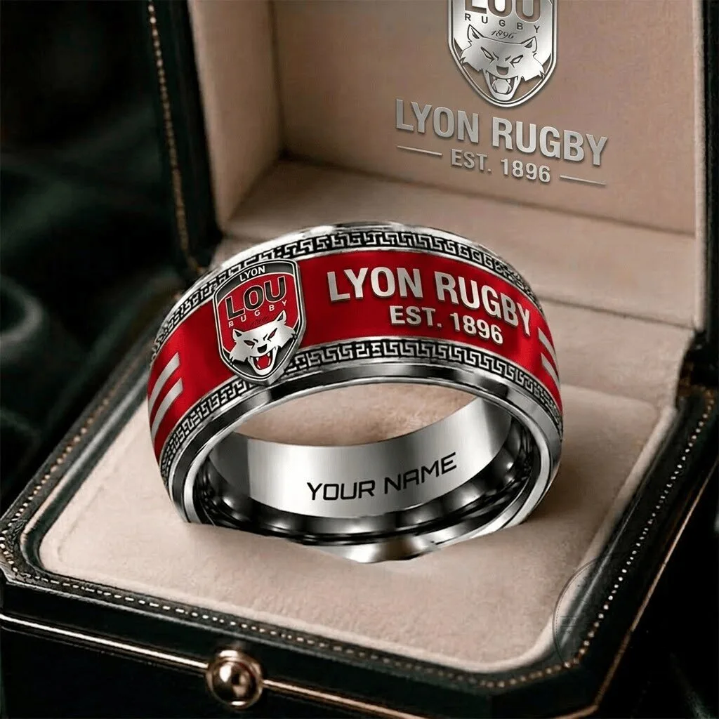 Lyon Rugby Club Personalized Silver Ring with Red Enamel and Custom Engraving