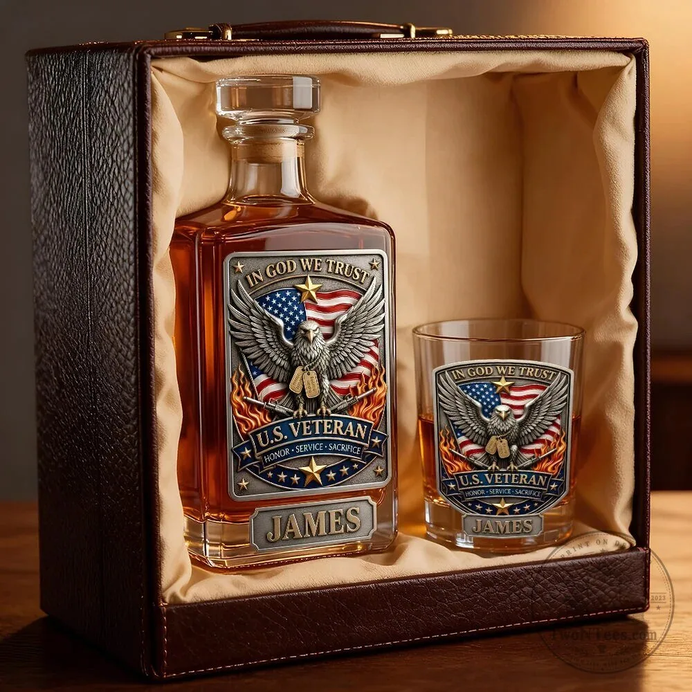 Personalized U.S. Veteran Decanter and Whiskey Glass Set with Eagle Design