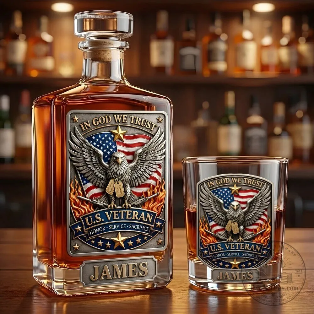 Personalized U.S. Veteran Decanter and Whiskey Glass Set with Eagle Design 6 Personalized U.S. Veteran Decanter and Whiskey Glass Set with Eagle Design