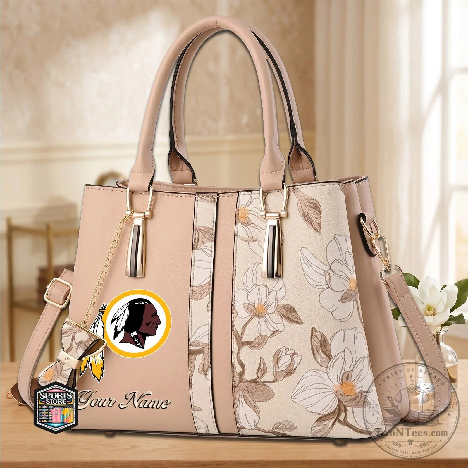 Washington Redskins Floral Pattern Personalized Leather Handbag
