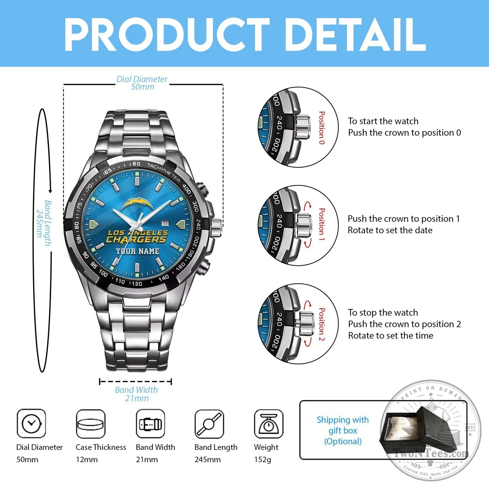 Los Angeles Chargers Football Team Logo Custom Name Stainless Steel Watch 9 Los Angeles Chargers Football Team Logo Custom Name Stainless Steel Watch