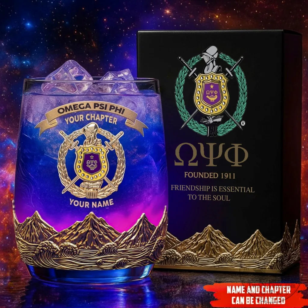 Omega Psi Phi Fraternity Gold Mountains Custom Engraved Drinking Glass Omega Psi Phi Fraternity Gold Mountains Custom Engraved Drinking Glass