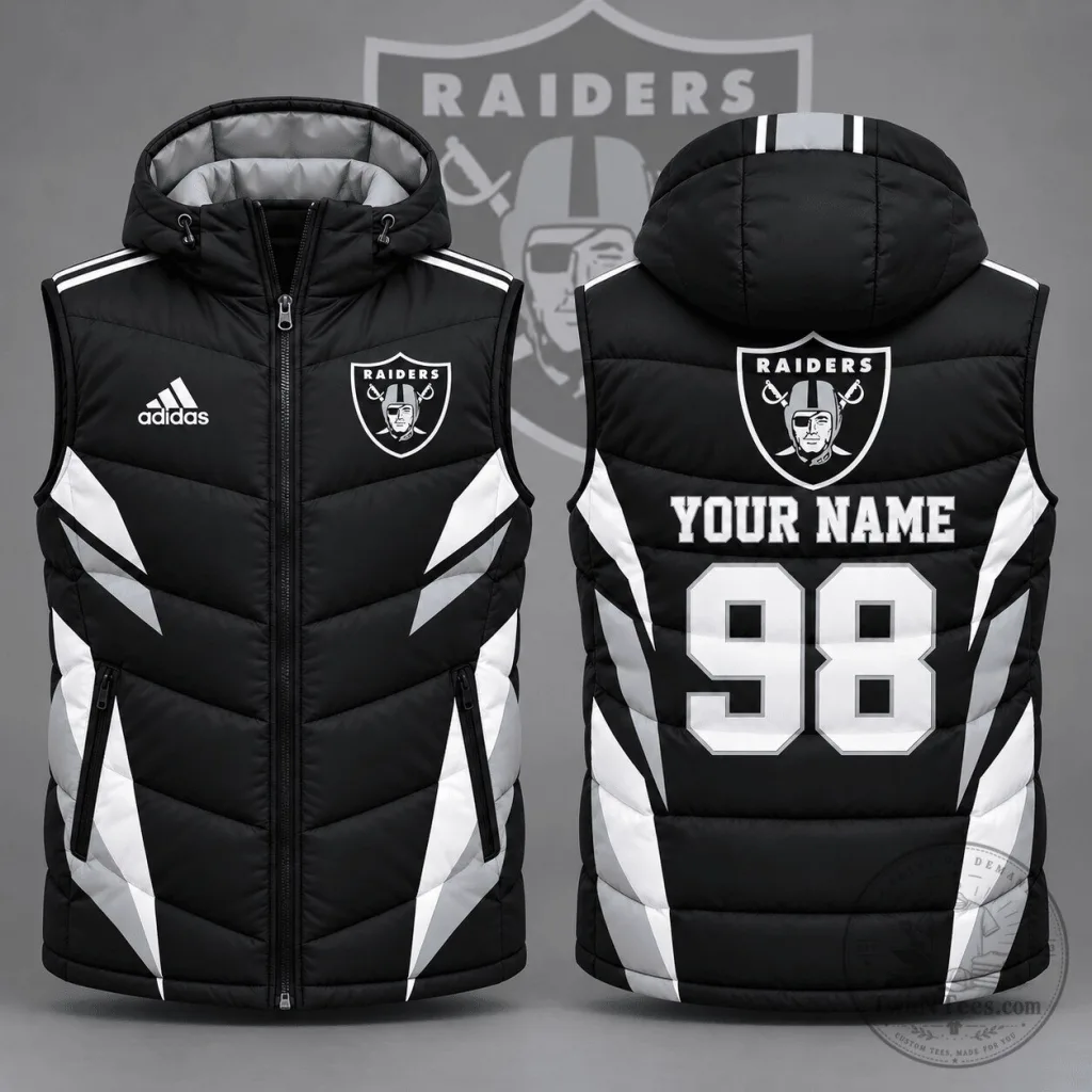 Las Vegas Raiders Personalized Black and White Puffer Vest with Hood Las Vegas Raiders Personalized Black and White Puffer Vest with Hood