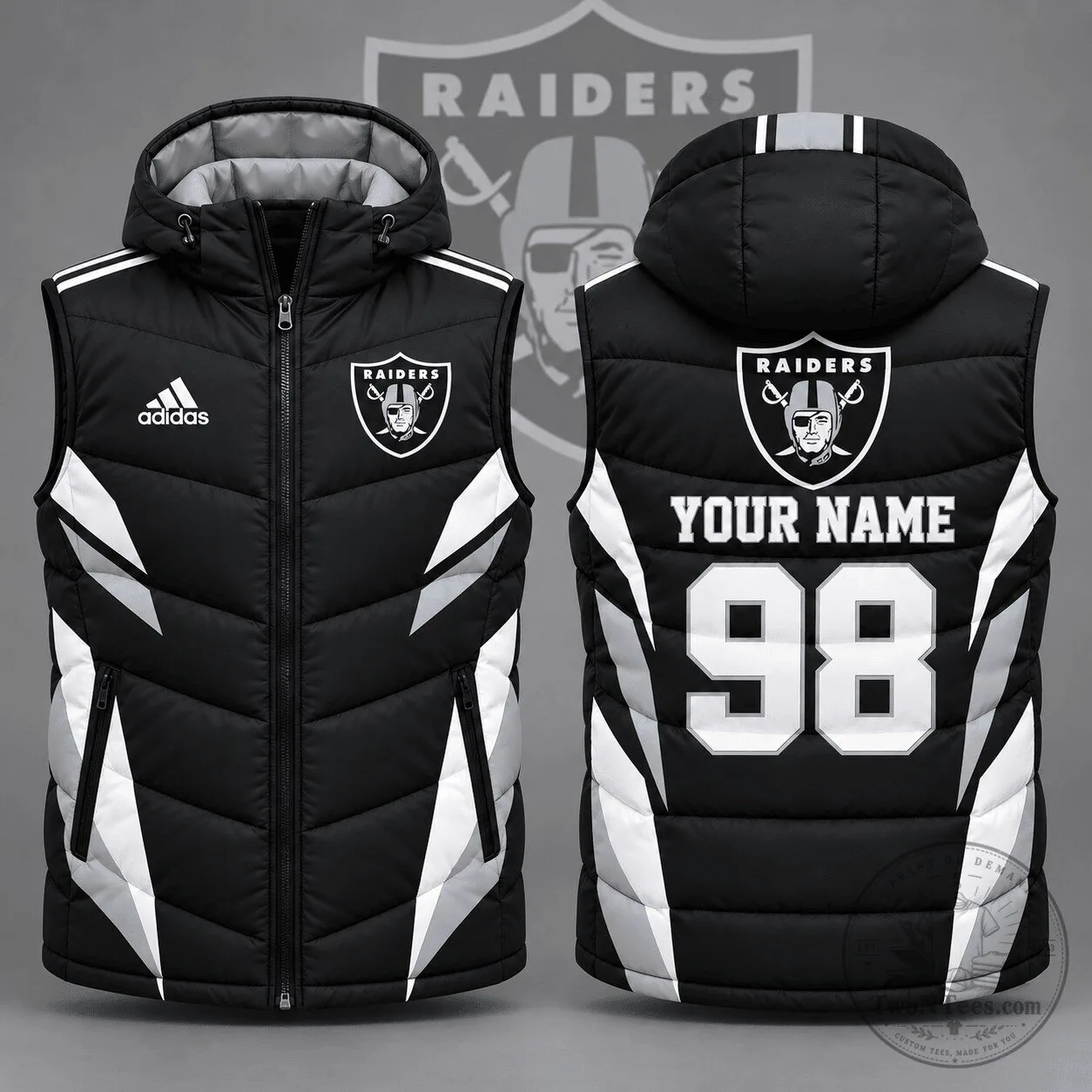 Las Vegas Raiders Personalized Black and White Puffer Vest with Hood