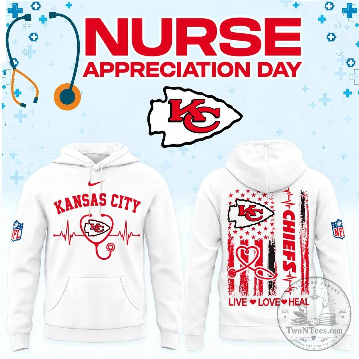 Kansas City Chiefs Nurse Appreciation Day White Hoodie 1 Kansas City Chiefs Nurse Appreciation Day White Hoodie