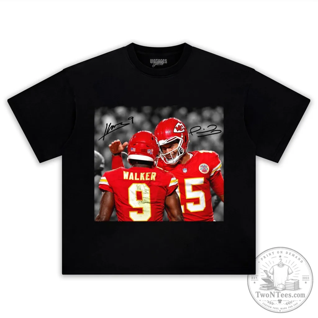 Patrick Mahomes and Kenneth Walker III Football Players Black T-Shirt Patrick Mahomes and Kenneth Walker III Football Players Black T-Shirt