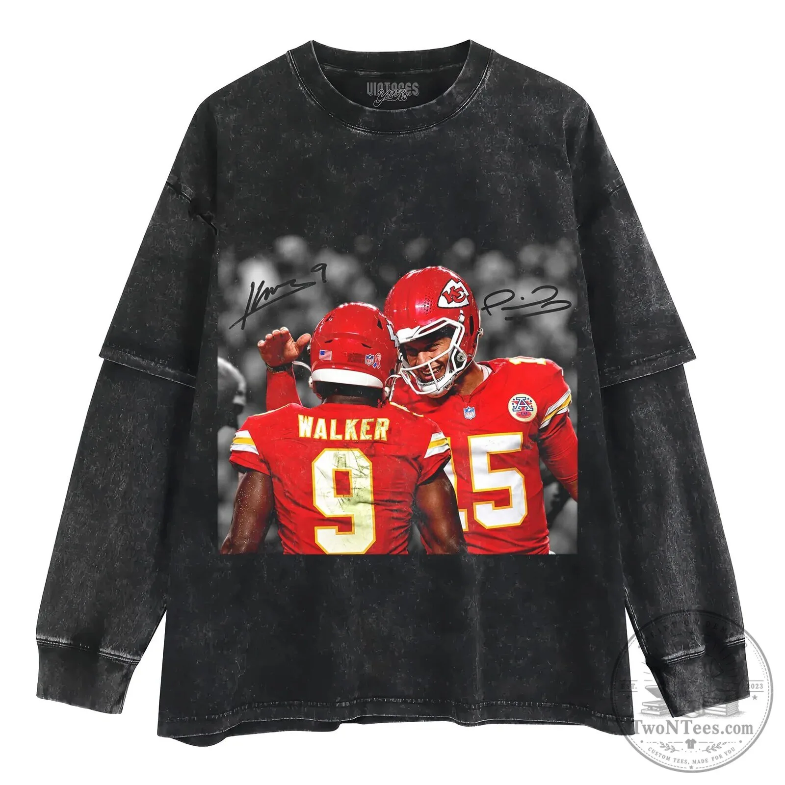 Patrick Mahomes and Kenneth Walker III Football Players Black T-Shirt 10 Patrick Mahomes and Kenneth Walker III Football Players Black T-Shirt